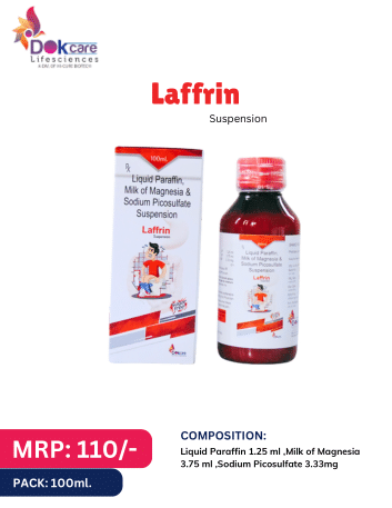 LAFFRIN Suspension bottle featuring Liquid Paraffin, Milk of Magnesia, and Sodium Picosulphate composition.