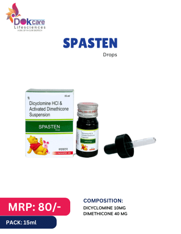 Spasten Drops by Dokcare Lifescience with Dicyclomine Hydrochloride and Activated Dimethicone.